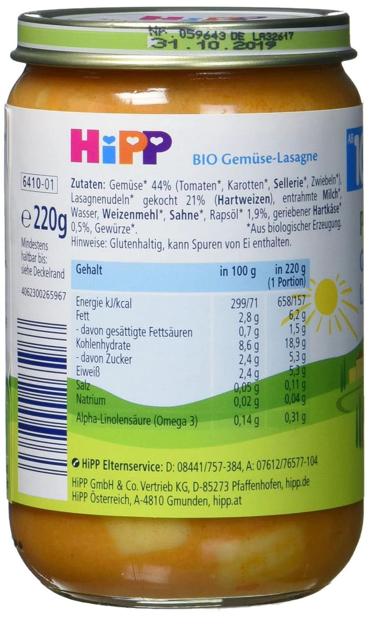 Hipp Pasta Bambini - Lasagna cu legume, pachet de 6 (6 X 220 g) Mama si Copilul Naty Shop