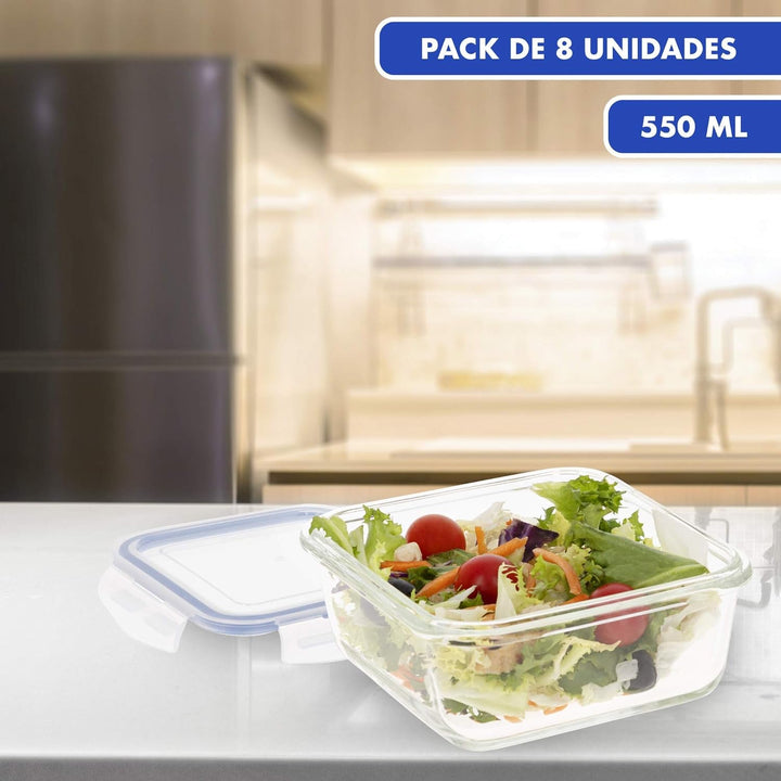 Max Home Pachet 8 recipiente etanșe din sticlă, cutie de prânz din sticlă pentru microunde, recipiente resigilabile pentru alimente, 550 mililitri, capace transparente, recipiente pentru alimente (16538) Cutii depozitare alimente Naty Shop