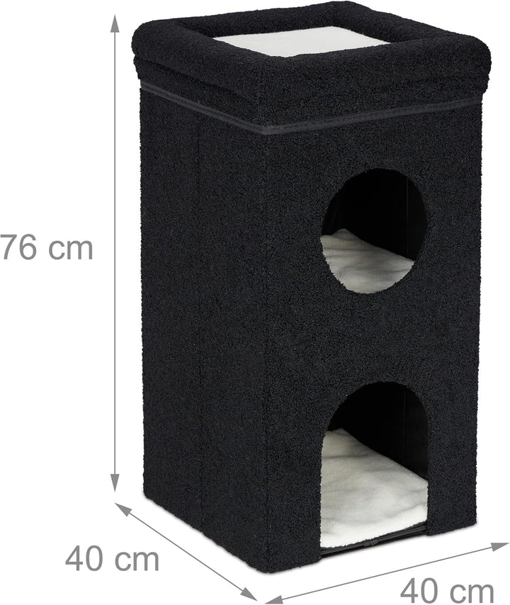 Peșteră pentru pisici Relaxdays, ÎxLxA: 76 x 40 x 40 cm, Căsuță pliabilă pentru pisici cu 3 niveluri, Ascunziș pentru pisici cu scândură, Negru
