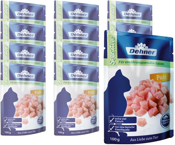 Dehner Premium Cat Food Sensitive Multipack, Hrană umedă, Pentru pisici sensibile din punct de vedere nutrițional, 4 X pui / vită / curcan fiecare, 12 X pungi de 100 G (1,2 kg)