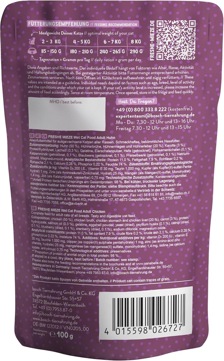 Sanabelle Freshe Mieze - Pui | Pungă de 100 g complet reciclabilă | Hrană umedă pentru pisici gătită la aburi | Hrană pentru pisici proaspăt gătită | O marcă Bosch Pet Food