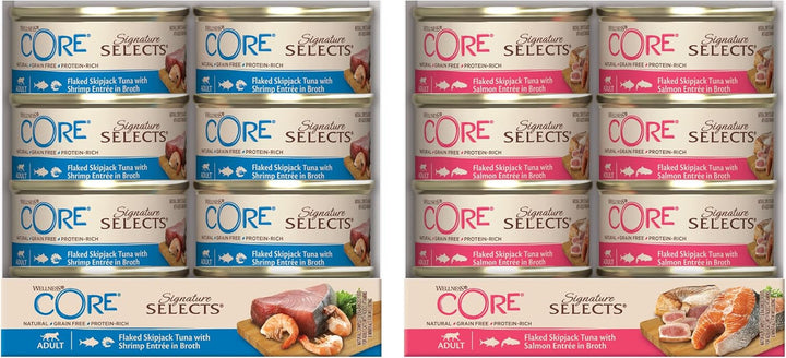 Wellness CORE Signature Selects Fish Bundle, 48 X 79G, fulgi de bonito și creveți, fulgi de bonito și somon, hrană umedă pentru pisici adulte în bulion, fără zahăr adăugat, fără cereale, cu conținut ridicat de carne