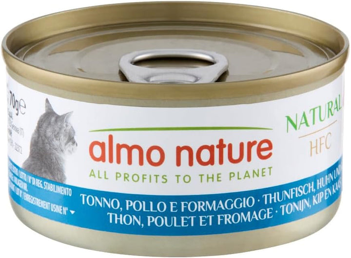 Almo Nature HFC Natural - Hrană umedă pentru pisici adulte - ton, pui și brânză - Human Grade, fără gluten - 6 X 70G