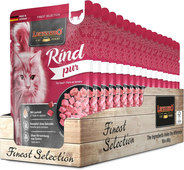 Leonardo Fresh Pouch [16X85G Pure Beef] | Hrană umedă fără cereale pentru pisici | Hrană umedă completă în pungă cu o singură porție