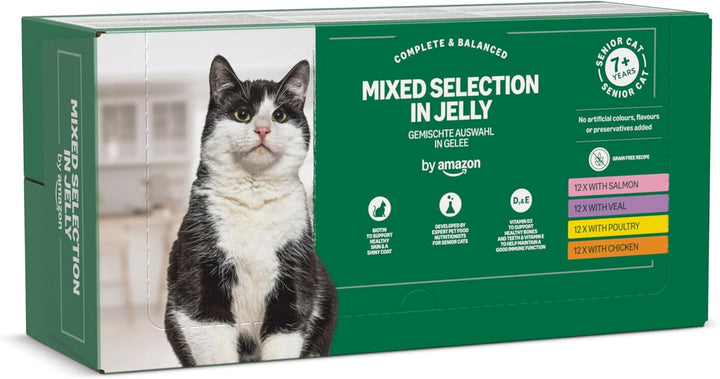 By Amazon Hrană pentru pisici, umedă, pentru pisici în vârstă, selecție mixtă în jeleu, 4,8Kg (48 pungi de 100G)