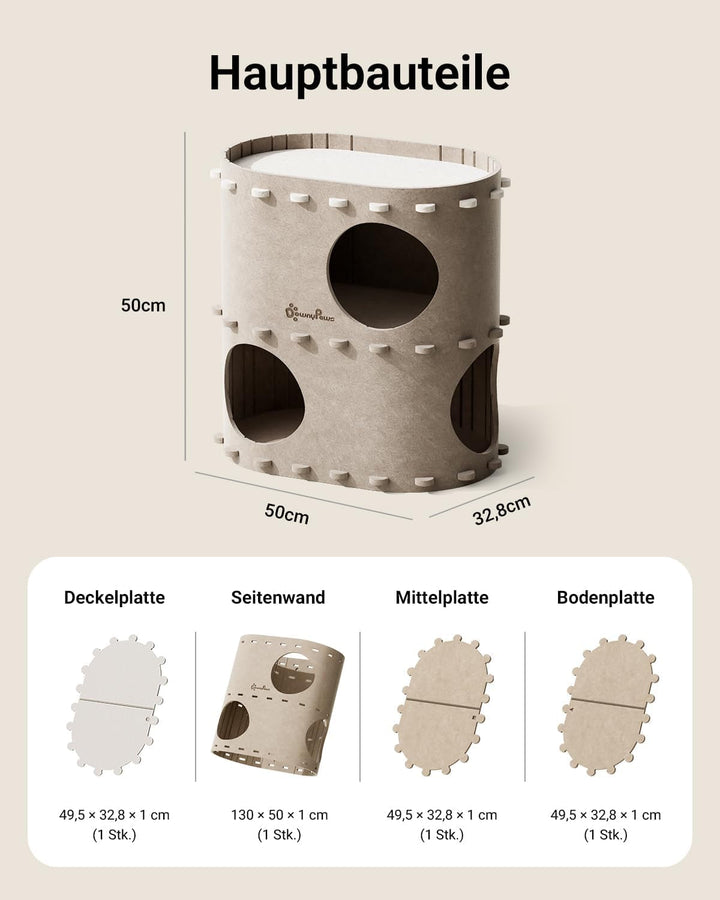 Peșteră pentru pisici Downypaws din fetru, pat pentru pisici cu 2 niveluri, căsuță tip castel pentru joacă, design cald, protecție pentru unghiile pisicii, bej