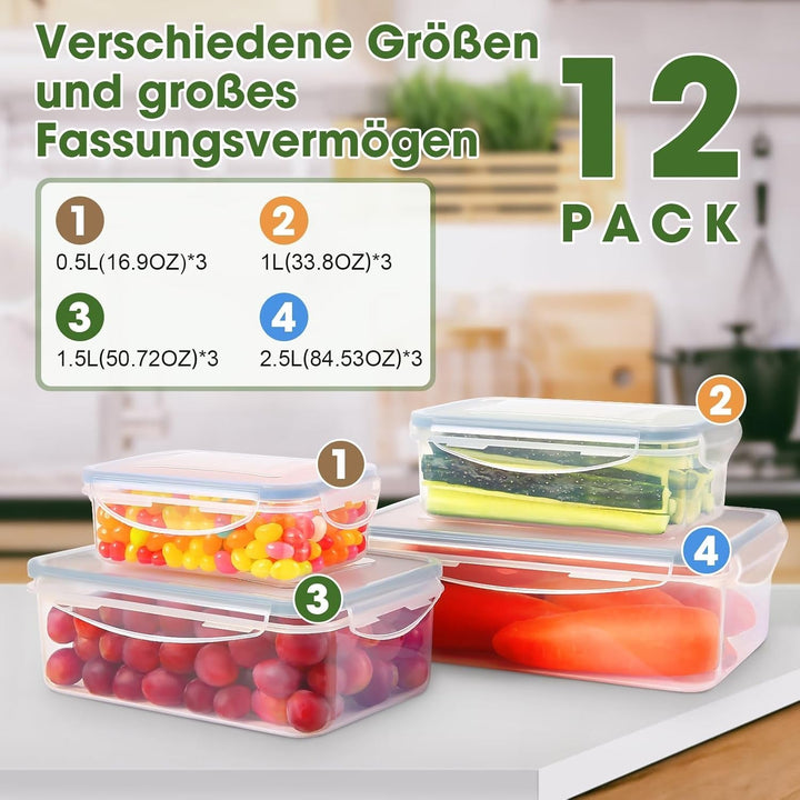 YASHE borcan de depozitare a alimentelor cu capac, set borcan de depozitare din plastic din 12 piese, fără BPA, 100% etanș, stivuibil, transparent Cutii depozitare alimente Naty Shop