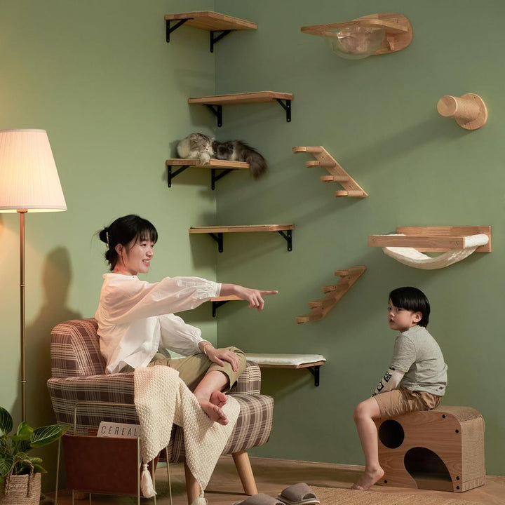 FUKUMARU Perete de cățărat pentru pisici, Perete pentru pat de pisică din lemn masiv de cauciuc cu grosimea de 2 cm, cu covoraș de zgârietură din sisal durabil, Șezlong/scări pentru pisici montat pe perete 40x25 cm