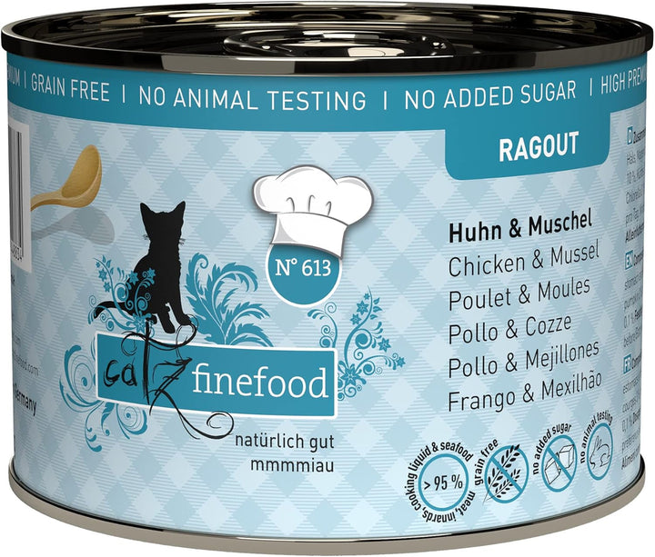 Catz Finefood Ragout N° 605 Salmon & Duck Cat Food Wet - hrană umedă delicatessen pentru pisici în sos fără cereale și zahăr cu conținut ridicat de carne, cutie 6 X 190 G