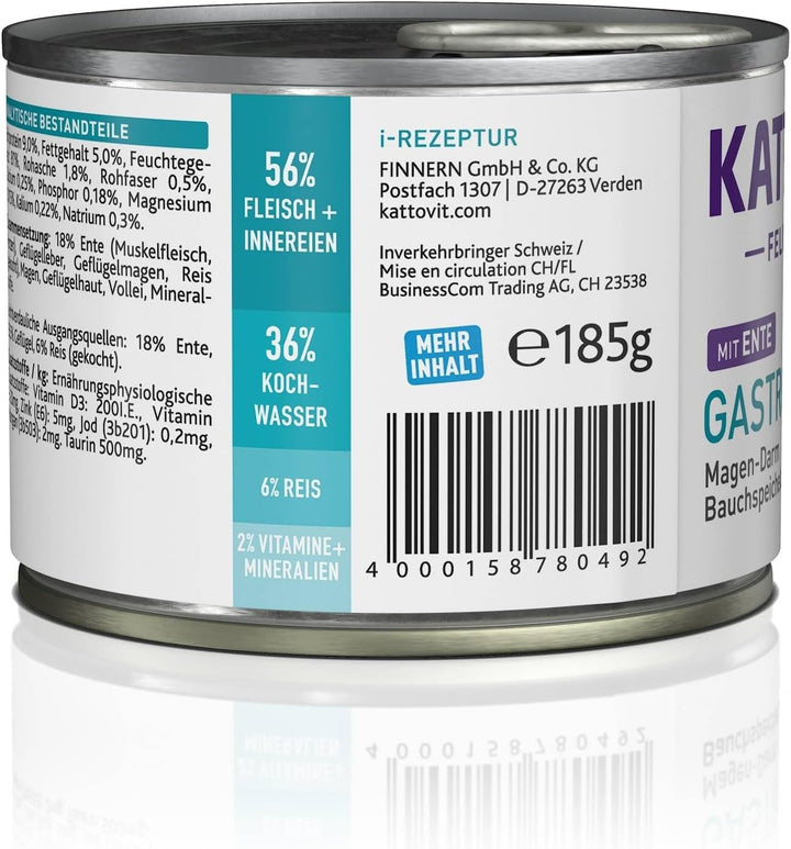 KATTOVIT - Gastro Hrană umedă pentru pisici | Hrană umedă pentru pisici pentru susținerea sistemului gastrointestinal | Hrană dietetică completă într-o cutie pentru pisici adulte. Fără gluten | 12 X 185 G E