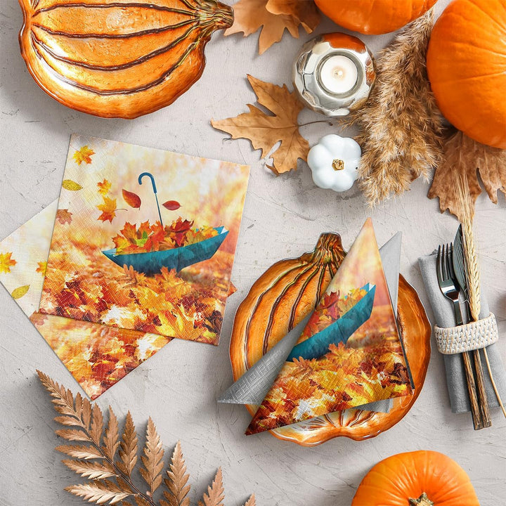 PAW - Șervețele 3 straturi (33 X 33 Cm) I 20 bucăți I Perfect pentru zile de naștere, petreceri, întâlniri I Decorațiuni de toamnă pentru masă I Șervețele de hârtie colorate - frunze de toamnă de umbrelă I Frunze de umbrelă