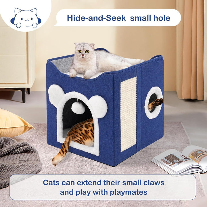 Casă pliabilă pentru pisici, casă mare pentru pisici, peșteră pentru pisici și câini mici, cu zgârietură și minge pufoasă, albastră