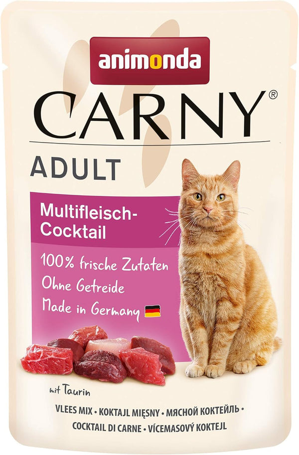 Animonda Carny Adult Multifleisch-Cocktail, 12 pungi porție (12 X 85 G), hrană umedă pentru pisici adulte, hrană pentru pisici fără cereale și zahăr cu ingrediente cărnoase