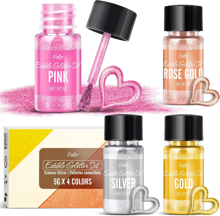 Set de sclipici comestibil - 4 culori pudră de sclipici comestibilă multicoloră, praf de sclipici pentru prăjituri, băuturi, alimente - pudră de sclipici metalică, colorant alimentar pentru cocktailuri, vin, fondant
