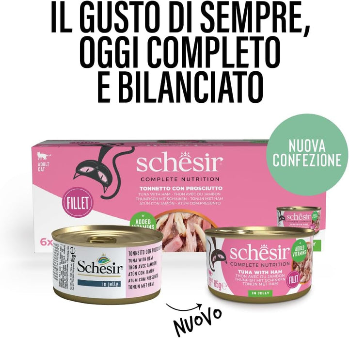 , Ton cu jeleu de șuncă, Hrană umedă completă pentru pisici, Cu adaos de vitamine, 100% naturală, 6 cutii a 85 G