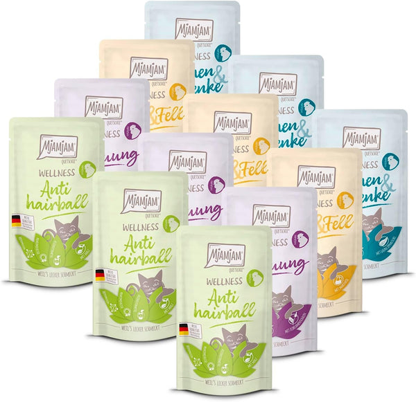 Mjamjam - Hrană umedă premium pentru pisici - Wellness Wellbeing Pack Pui, 12Pack (12 X 125G), fără cereale cu extra carne