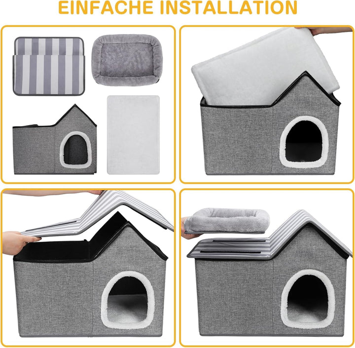 Pat pentru pisici Zvonema, Peșteră pentru pisici, Pat lavabil pentru câini, Pat pliabil 2 în 1 pentru animale de companie, Casă pentru pisici de interior cu pernă detașabilă din pluș, Îmbunătățește somnul, Casă pentru pisici de exterior, pentru căței