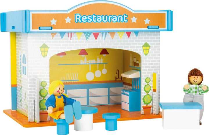 Small Foot 10852 Playhouse Restaurant Fabricat din lemn, Cu 2 figurine pentru păpuși, accesorii și acoperiș detașabil, De la 3 ani Casute de papusi Naty Shop