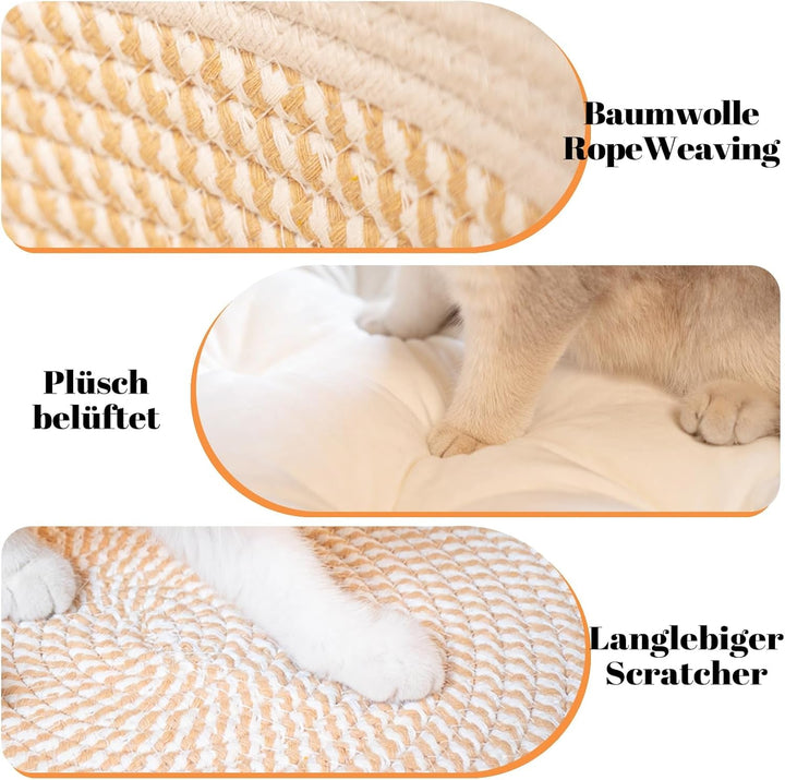 Pat pentru pisici cu pernă, coș lavabil de 47 cm, fabricat din frânghie de bumbac țesută, pentru dormit pentru toate pisicile, universal pentru toate anotimpurile