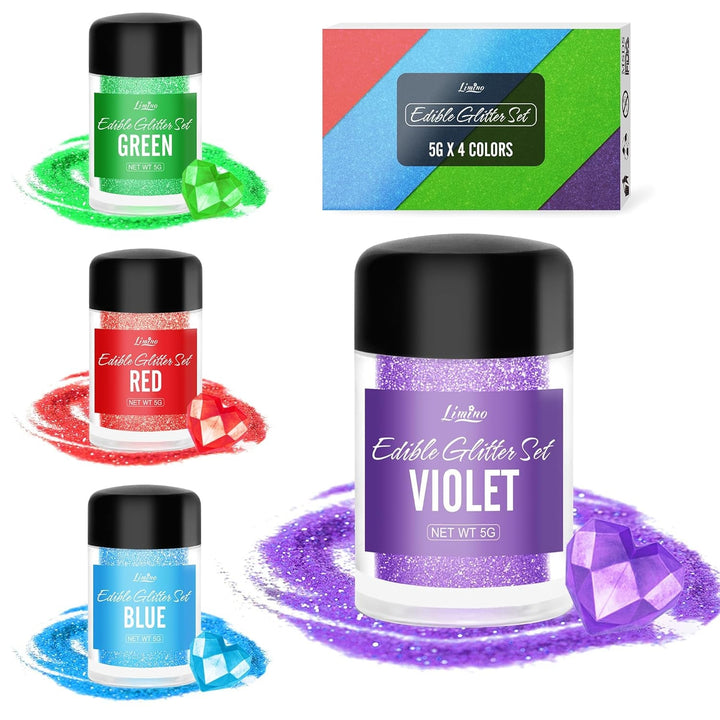 Sclipici comestibil - 4 culori pudră cu sclipici comestibilă, praf cu sclipici în sticlă cu spray pentru băuturi, prăjituri, alimente - pudră cu sclipici metalic, colorant alimentar pentru cocktailuri, fondant, fursecuri, vin