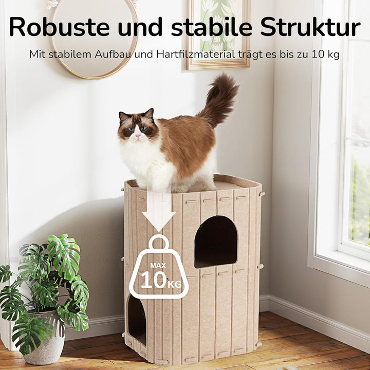 FUKUMARU Peșteră pentru pisici, Peșteră robustă din fetru de înaltă calitate, Căsuță pentru pisici de interior, Pat pentru pisici cu 3 straturi, Peșteră pentru pisici pentru dormit, joacă și ascundere, Peșteră din fetru, Bej, 45 x 37 x 60 cm, Mare