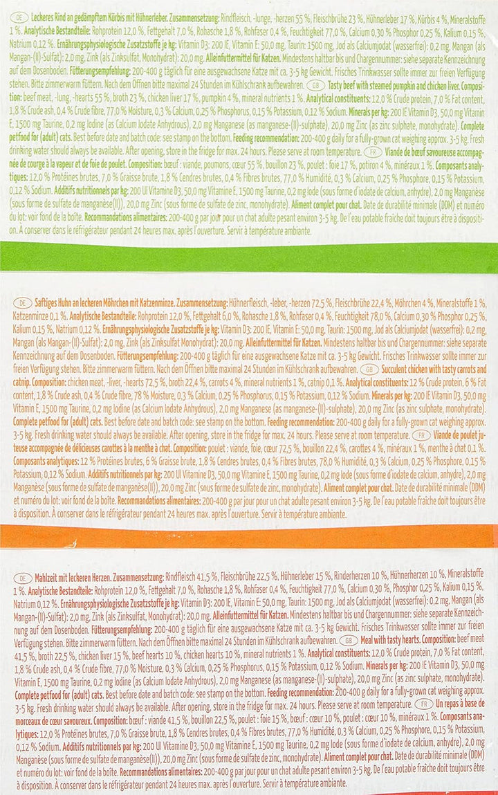 Mjamjam - Hrană umedă premium pentru pisici - Mixpack I - pui, vită, inimi, pachet de 6 (6 X 200 G), fără cereale cu extra carne