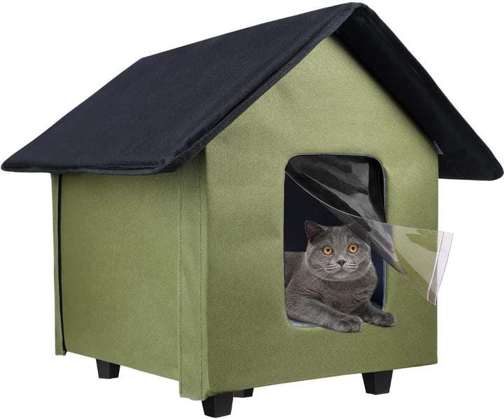 Căsuță încălzită pentru pisici, căsuță pentru exterior, rezistentă la iarnă, impermeabilă cu bază ridicată, căsuță pliabilă pentru pisici sălbatice, pisici de comunitate și câini de talie mică (verde)