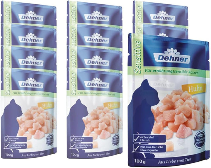Dehner Premium Cat Food Sensitive, hrană umedă fără cereale, pentru pisici adulte sensibile din punct de vedere nutrițional, pui, pungi de 12 X 100 G (1,2 kg)