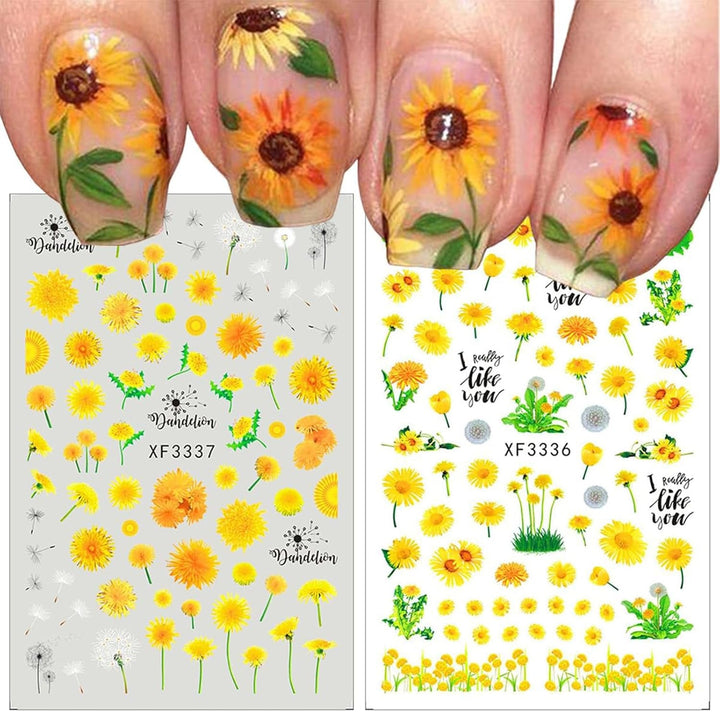 12 foi autoadezive pentru unghii cu efect 3D, întărire UV pentru autocolante de unghii cu flori de lungă durată, autocolante pentru unghii cu margarete galbene și albe