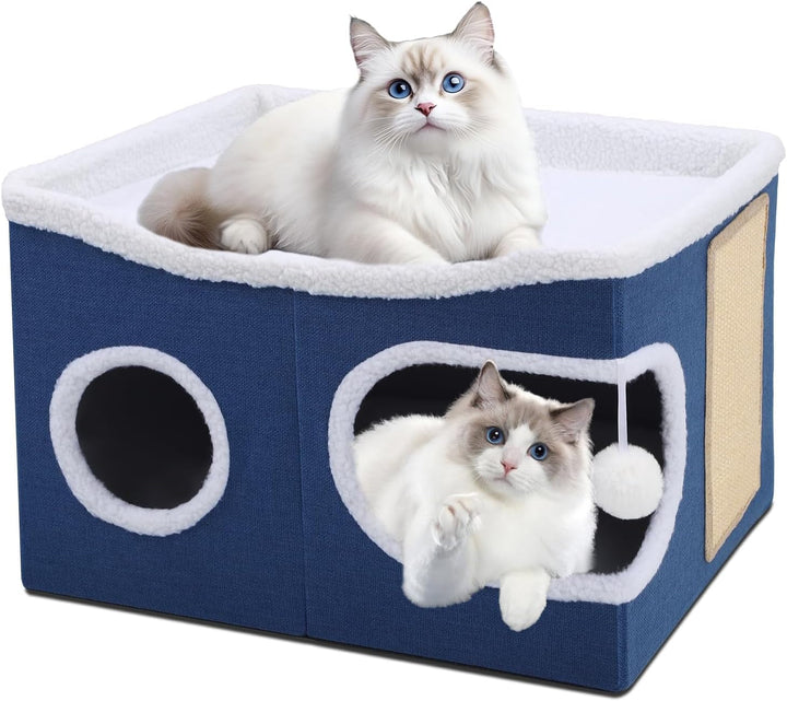 Căsuță pentru pisici Shikha cu 3 straturi, peșteră pliabilă pentru pisici mari, 40L*40l*63H cm, cub pentru pisici de interior, divizibilă în 2 peșteri mari pentru pisici cu ascunzătoare pentru pisici, pat pentru pisici cu zgârietură și minge de joacă