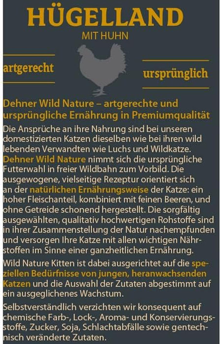 Hrană pentru pisici Dehner Wild Nature Kitten Hügelland, hrană umedă fără cereale / fără zahăr, pentru pisici tinere, pui, sac de 16 X 85 G (1,36 kg)