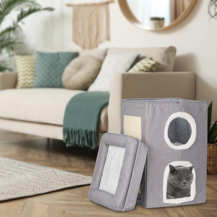 Relaxdays Peșteră pentru Pisici, 2 Peșteri și 1 Nivel Deschis, Pat pentru Pisici, Pătrat, cu Zonă de Zgâriat, ÎxLxA: 63 x 40 x 40 cm, Gri/Alb