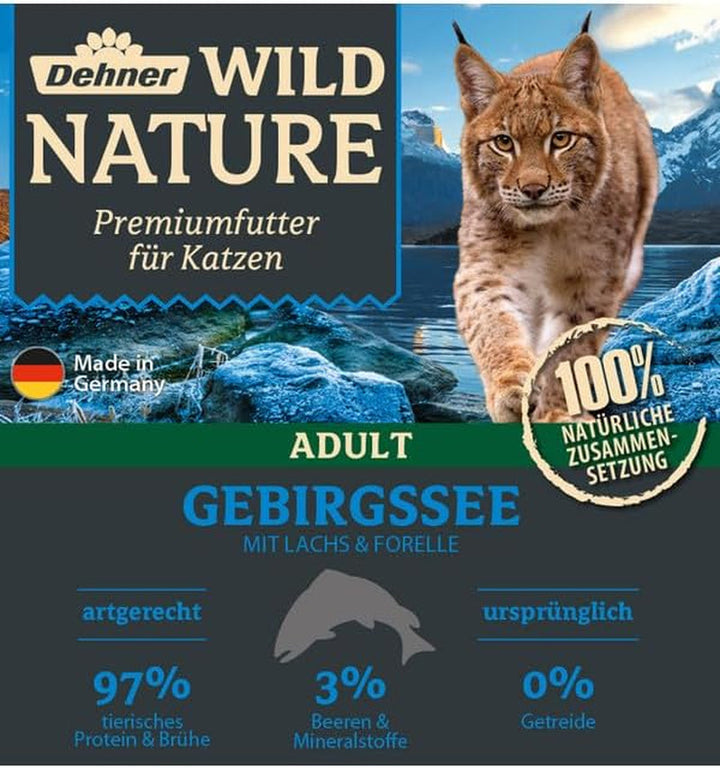Dehner Wild Nature hrană pentru pisici Gebirgssee, hrană umedă fără cereale / fără zahăr, pentru pisici adulte, somon / păstrăv, bol 16 X 100 G (1,6 kg)