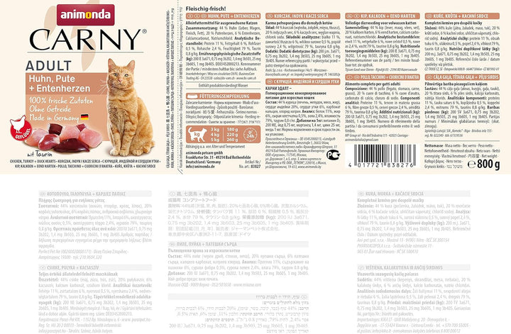Animonda Carny hrană umedă pentru pisici Chicken + Turkey + Duck Hearts (6 X 800G), Hrană umedă pentru pisici fără cereale, fără zahăr, cu ingrediente din carne proaspătă
