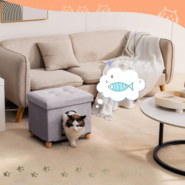 BRIAN & DANY Peșteră pliabilă pentru pisici mari, Casă pentru pisici cu zgârietură și minge de joacă, Taburet tip piept cu picioare din lemn 37 x 31,8 x 36 cm, Gri