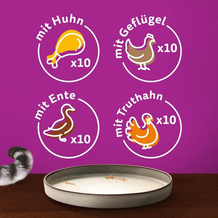 Whiskas 1+ hrană umedă pentru pisici Ragout Poultry Selection in Jelly, 40X85G (1 pachet) - Hrană umedă de înaltă calitate pentru pisici adulte în pungi de 40 de porții