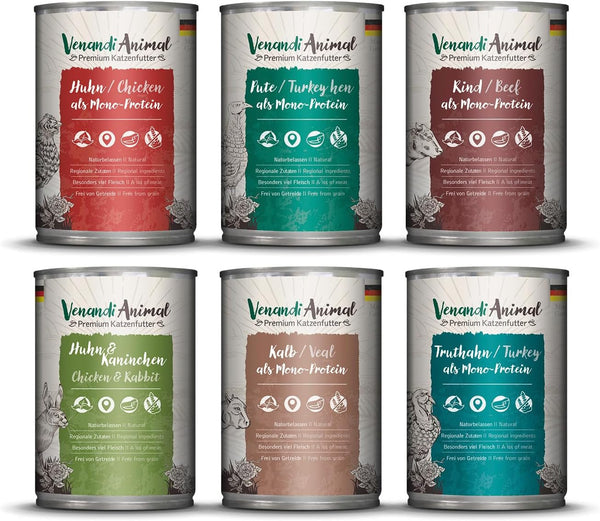 Venandi Animal Premium Hrană umedă pentru pisici, Tasting Pack III, pui, curcan, vită, pui + iepure, vițel, curcan, 6 X 400 G, fără cereale și naturală, 2.4 Kg