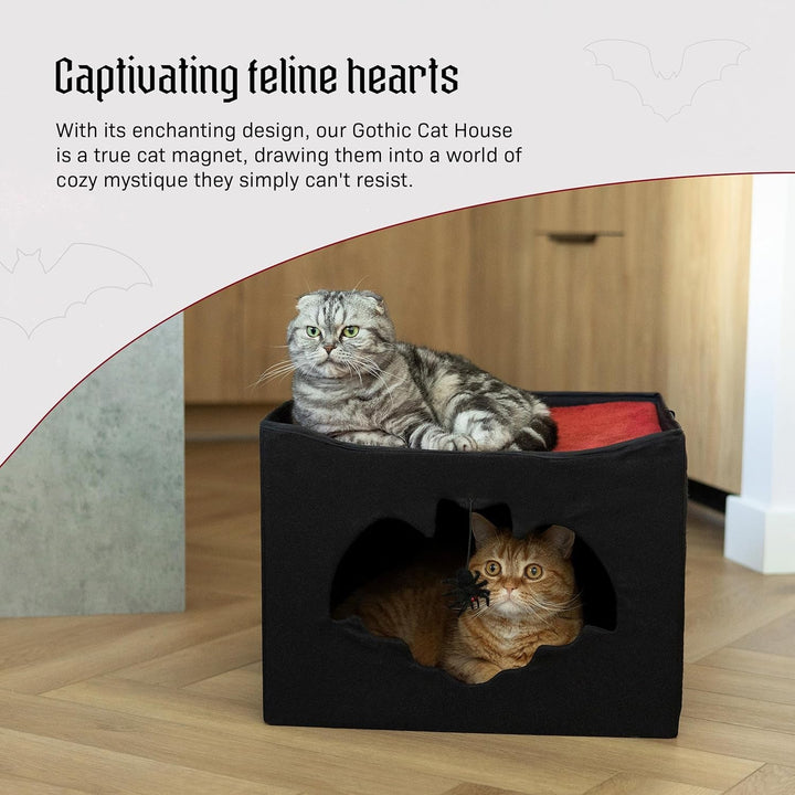 Pat gotic pentru pisici sau animale de companie, pliabil ca o casă de Halloween, 43 x 43 x 32 cm, cu intrare în formă de liliac, jucărie de păianjen, pernă de zgâriat și pernă moale pentru pisici gotice.