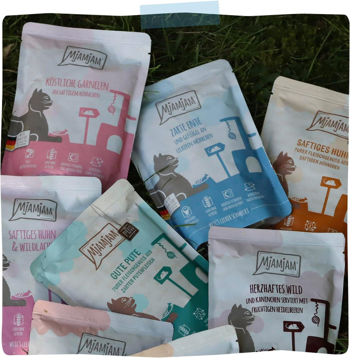 Mjamjam - Hrană umedă premium pentru pisici - Rață și pasăre fină cu morcovi delicioși, 1 pachet (1 X 400 G), fără cereale cu extra carne