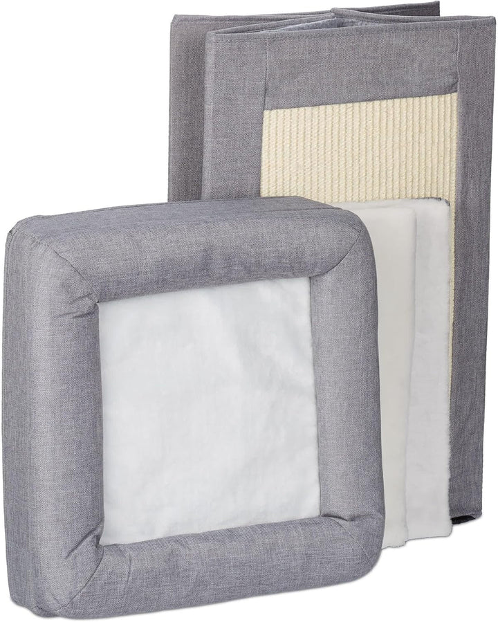 Relaxdays Peșteră pentru Pisici, 2 Peșteri și 1 Nivel Deschis, Pat pentru Pisici, Pătrat, cu Zonă de Zgâriat, ÎxLxA: 63 x 40 x 40 cm, Gri/Alb