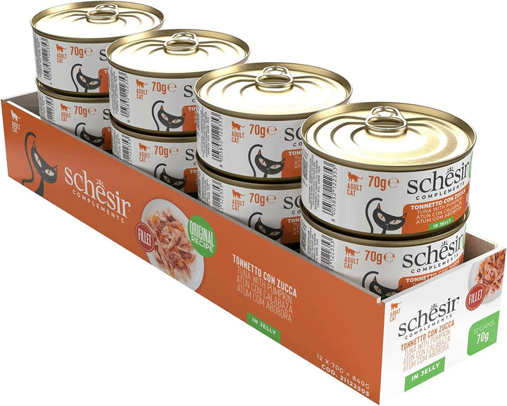 , File de ton cu dovleac în jeleu, Hrană umedă complementară pentru pisici, Rețetă originală, 100% naturală, 12 cutii la 70 G