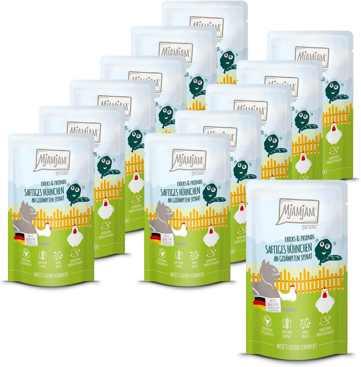 Mjamjam - Hrană umedă premium pentru pisici - Chicks & Friends Box, 9 pachete (9 X 300G), fără cereale și cu carne suplimentară