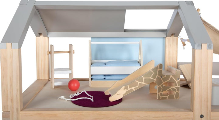 Casă de păpuși din lemn Small Foot, culori naturale - 3 etaje cu terasă pe acoperiș și set de mobilier din 51 de piese, încurajează jocul creativ, potrivită de la 3 ani, 12541 Casute de papusi Naty Shop