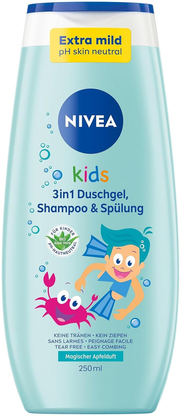 Gel de duș, șampon și balsam NIVEA KIDS 3in1, îngrijire și curățare pentru copii cu un parfum magic de mere, extra blând, îngrijire fără săpun pentru păr și piele pentru copii (250 ml) Copii - Baie si Skincare Naty Shop Parfum de mere - 0 microplastice