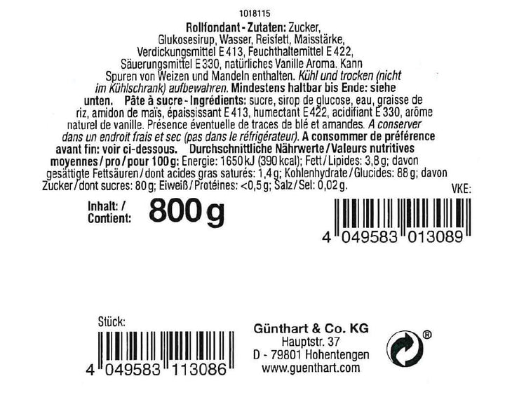 Günthart BackDecor 800 g fondant alb Masă decorativă albă pentru acoperire, glazurare prăjituri sau modelare, fără ulei de palmier, gata de utilizare și ușor de lucrat Pasta de zahar Naty Shop