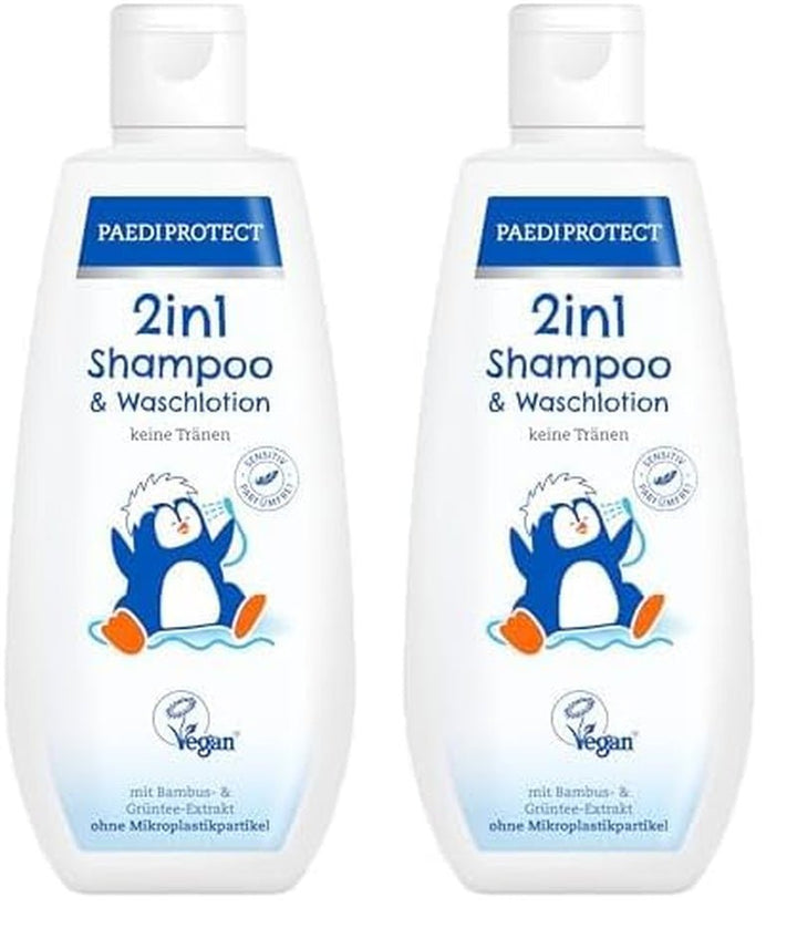 PAEDIPROTECT 2in1 șampon și loțiune de spălare pentru bebeluși și copii 200 ml, curățare delicată și păr fără parfum și microplastice, gelul de duș hidratează pielea uscată și sensibilă, de asemenea pentru adulți Copii - Baie si Skincare Naty Shop Alb 200 Ml (pachet de 2)