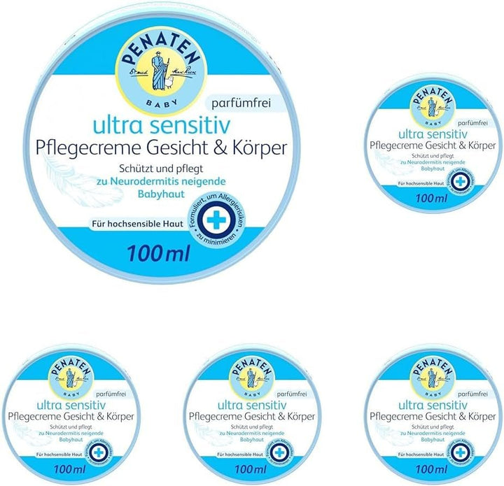 PENATEN Ultra Sensitive Care Cream Face & Body (100ml) cremă de față și de corp pentru bebeluși fără parfum, cremă hidratantă protectoare și hrănitoare pentru pielea foarte sensibilă a bebelușilor predispuși la neurodermatită Copii - Baie si Skincare Naty Shop 100 Ml (pachet de 5) Pentru pielea sensibilă