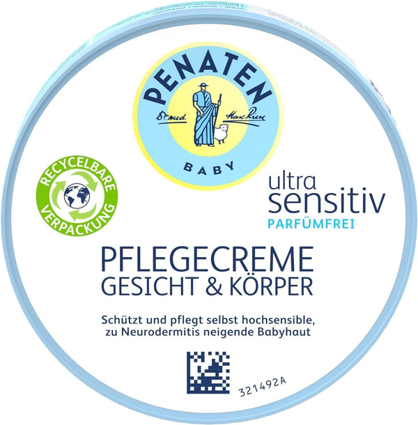 PENATEN Ultra Sensitive Care Cream Face & Body (100ml) cremă de față și de corp pentru bebeluși fără parfum, cremă hidratantă protectoare și hrănitoare pentru pielea foarte sensibilă a bebelușilor predispuși la neurodermatită Copii - Baie si Skincare Naty Shop 100 Ml (1 pachet) Pentru pielea sensibilă